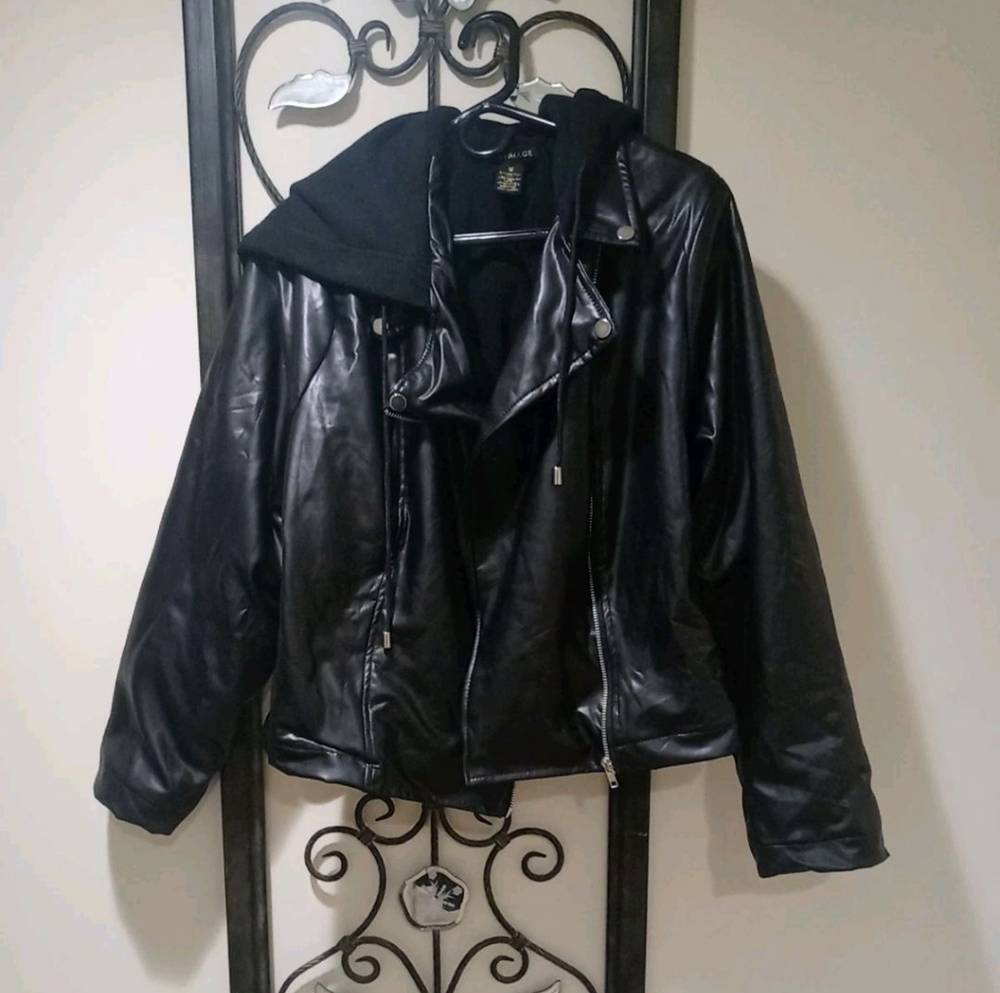 LA + Image Hooded Black Faux Leather Jacket